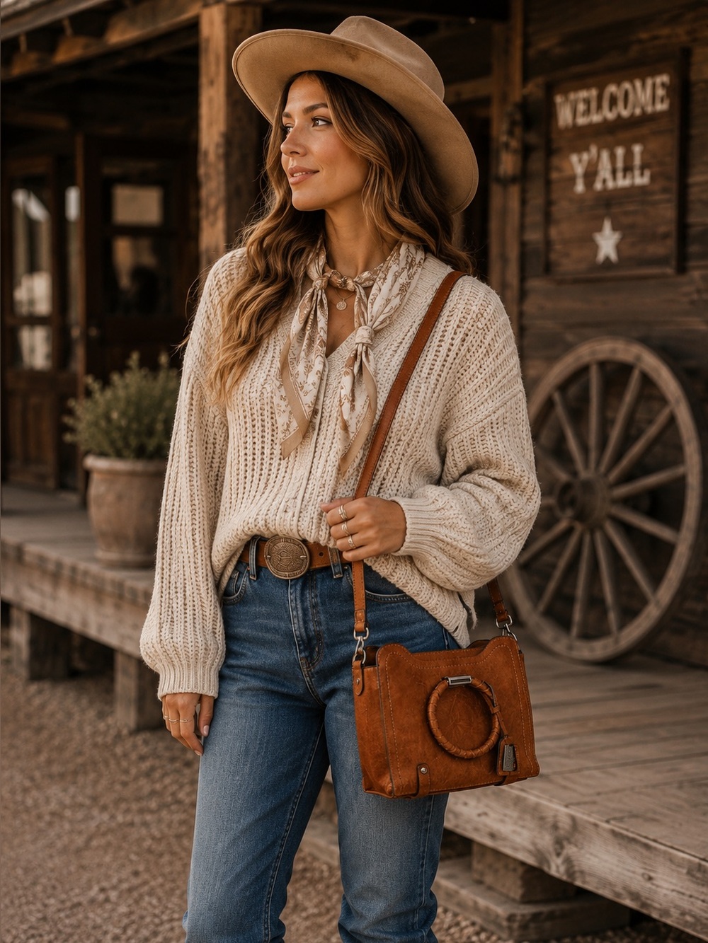 Cognac Faux Leather Circle Handle Crossbody Purse